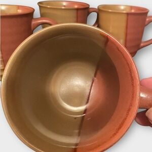 Sango Coffee Mugs VTG 80s Set 4 Terracotta Tan Two Tone Stoneware Southwest MCM
